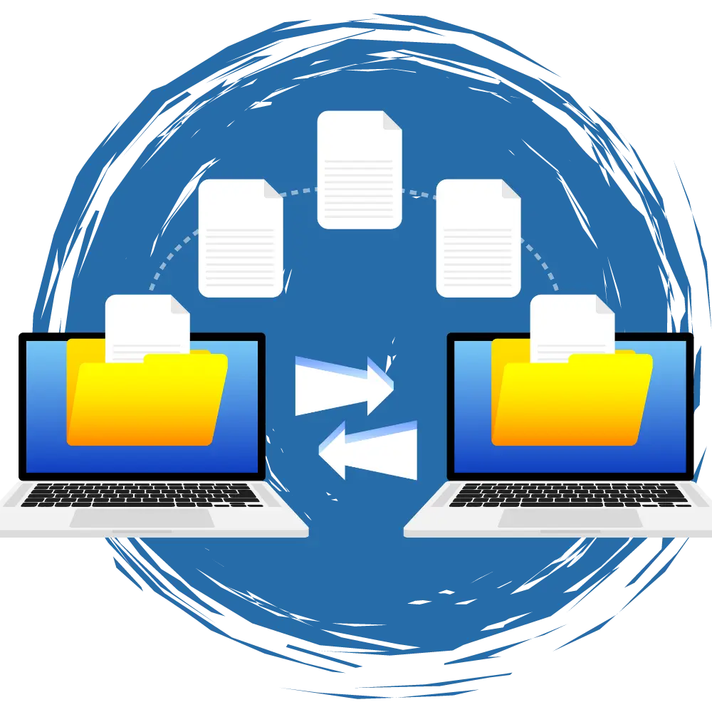 Two laptops with folders, representing the tasks involved in WordPress website migration and domain transfer