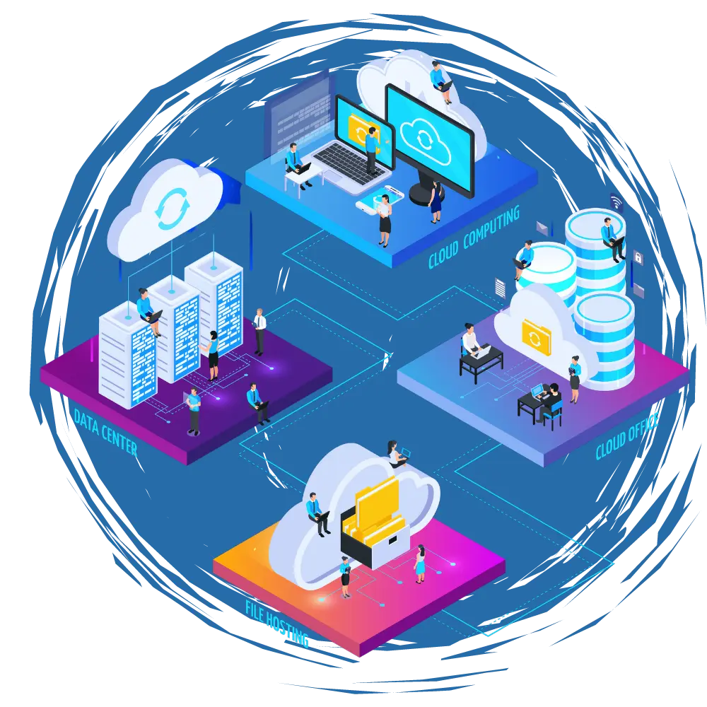 Isometric illustration of cloud computing, highlighting web hosting and server maintenance services in a digital environment.